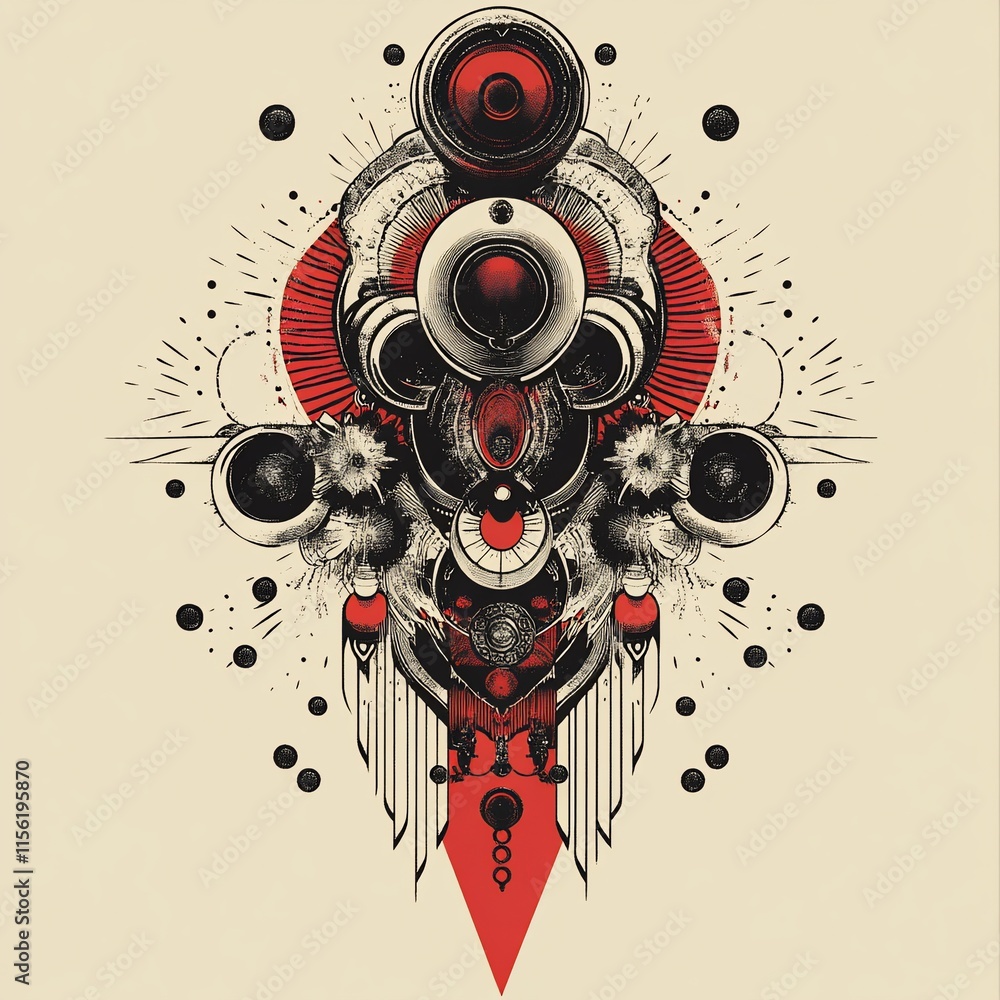 Poster abstract symmetrical design with red, black, and white elements, geometric shapes, and speaker-like 