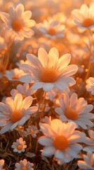 Fototapeta premium A close-up view of vibrant daisies in a field at sunset, showcasing their white petals and golden centers illuminated by warm, soft light, creating a serene and peaceful atmosphere.