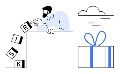 Businessman arranging letter blocks spelling RISK near a large gift box with a blue ribbon beneath a clear, cloudy sky. Ideal for business strategy, decision making, entrepreneurship, risk