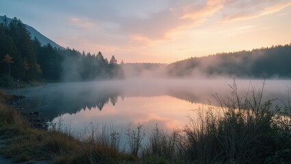 Fototapeta premium Misty Sunrise Serenity: A Tranquil Mountain Lake Reflecting Dawn's Embrace
