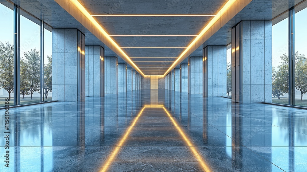 Poster modern corridor with polished floors and sleek lighting, designed for open spaces.