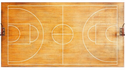 Overhead view of an empty, worn wooden basketball court with markings and hoops.
