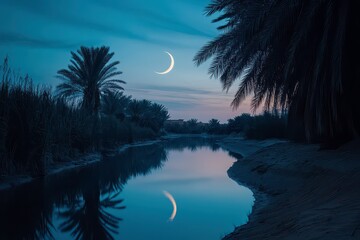 A serene twilight scene featuring a crescent moon reflected in a calm river surrounded by palm trees.