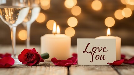 Romantic table setting with roses, candles, and wine glasses for Valentine's Day