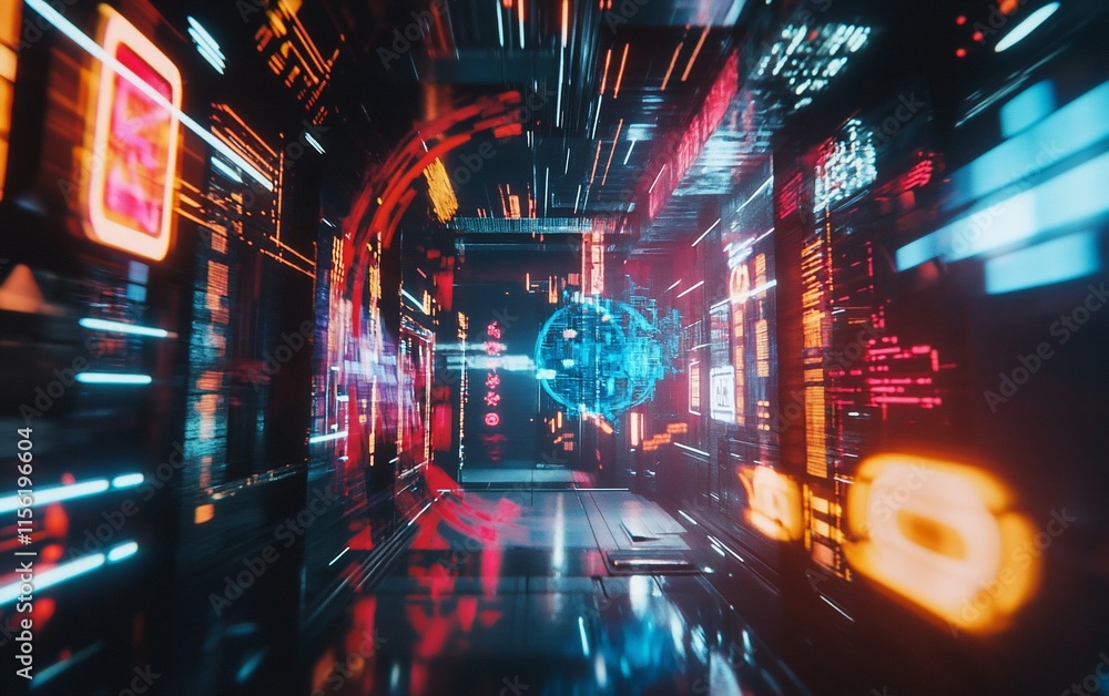 Aufkleber futuristic digital corridor with glowing neon lights and data streams.