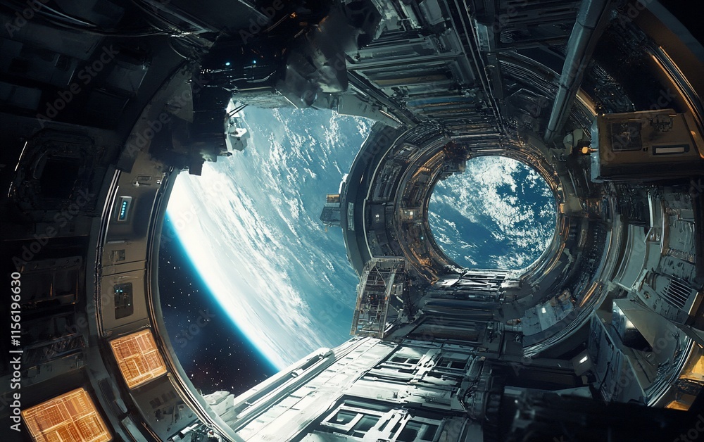 Poster Earth viewed from spaceship's circular window.