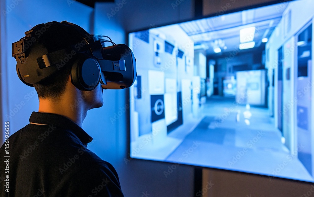 Leinwandbilder man wearing vr headset experiencing immersive virtual reality environment displayed on large screen.