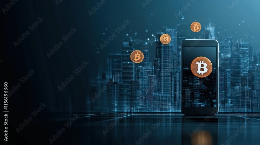 Poster Smartphone Displaying Bitcoin Symbols with Dark Cityscape in Background, Representing Digital Currency, Technology, Finance, and Modern Economy Concepts