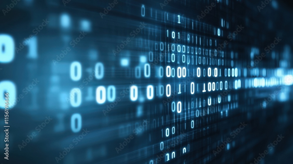 Poster Abstract Representation of Digital Data Flow with Binary Code Stream in Blue Tones, Reflecting Concepts of Technology and Information Processing in a Modern Era