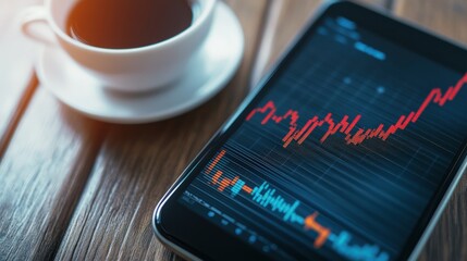 Modern workspace featuring a smartphone displaying stock market trends beside a cup of coffee on a wooden desk, symbolizing finance, growth, and productivity