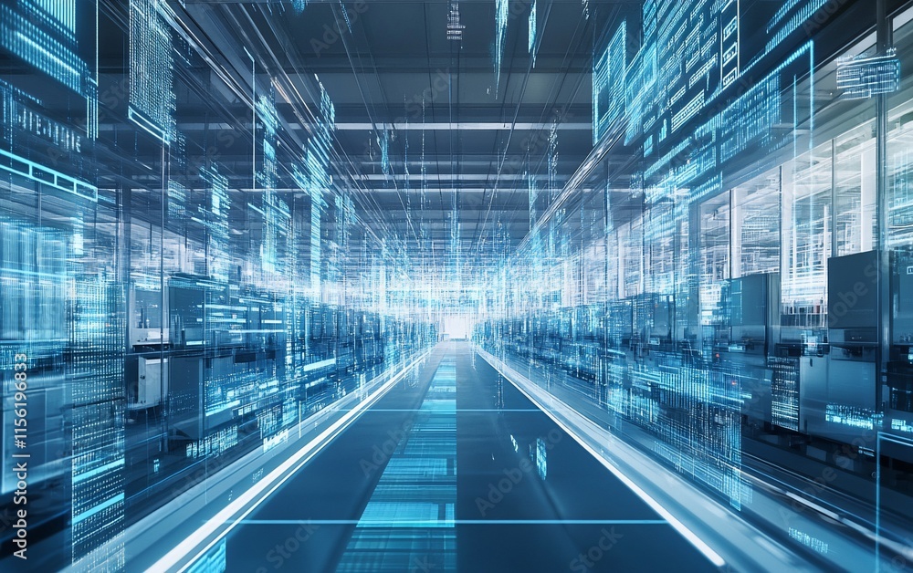 Poster Futuristic data corridor with glowing digital code and information streams.