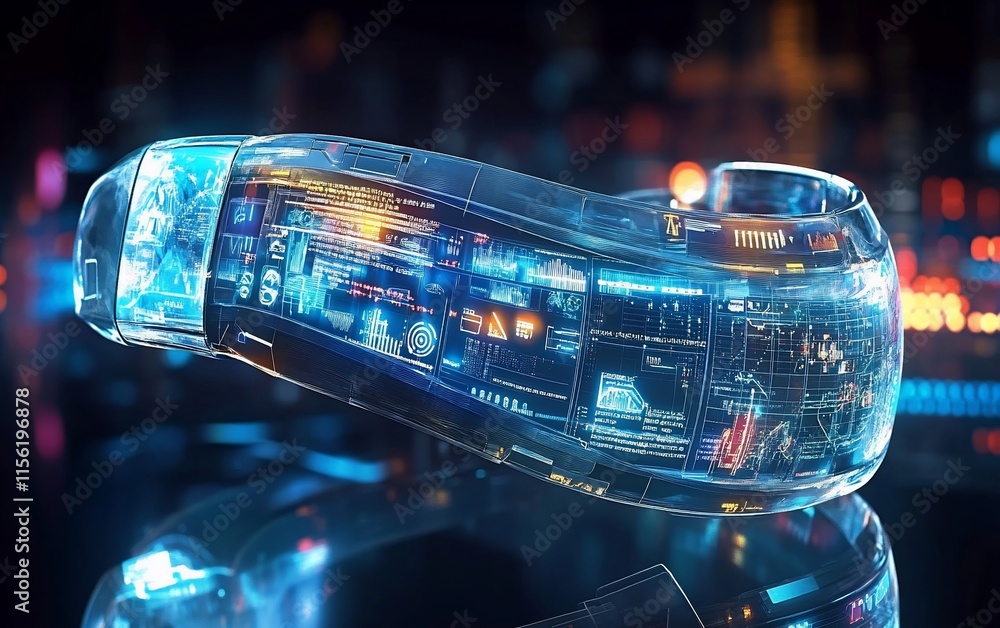 Poster Futuristic transparent device displaying holographic data; digital interface, technology.