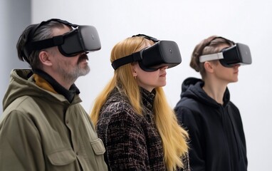 Three people wearing VR headsets, experiencing virtual reality together.