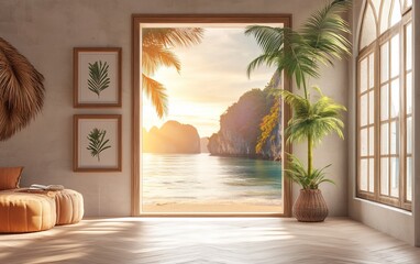 Sunlit room with ocean view, palm plants, and minimalist decor.