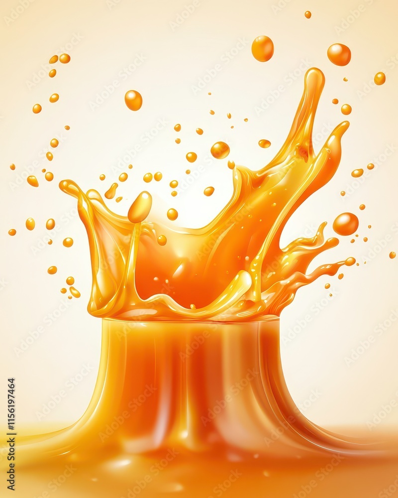 Poster a splash of golden liquid, creating dynamic droplets against a soft background.