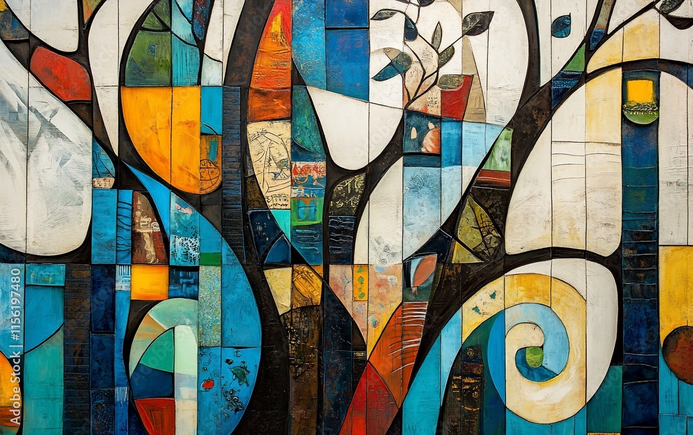 Aufkleber abstract colorful mosaic artwork depicting a stylized tree with vibrant, geometric patterns and text