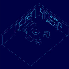 Blue room with a couch, a coffee table, and a television. The room is empty and has a modern design. Isometric view