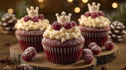 Festive red velvet cupcakes with cream cheese frosting and raspberries