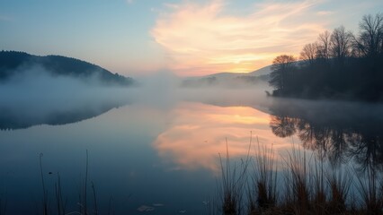 Fototapeta premium Misty Sunrise Serenity: A Tranquil Lake Reflection