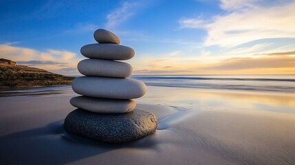 Balanced stones on beach at sunset.