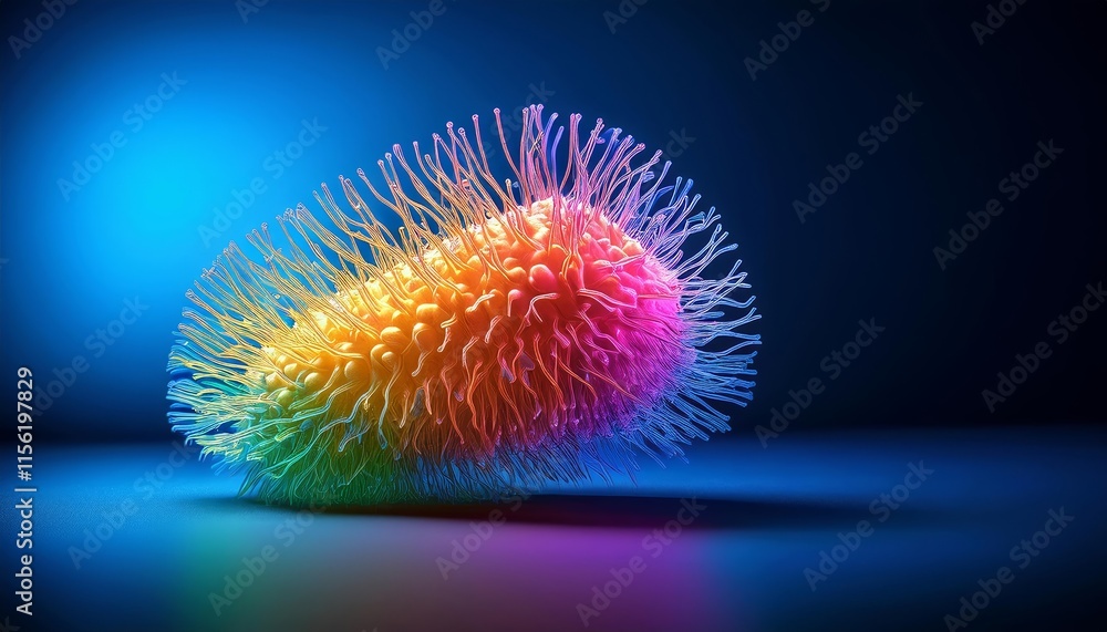 Poster a colorful, fuzzy looking creature with a rainbow pattern