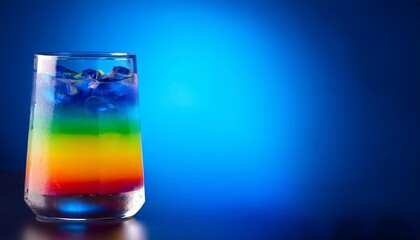 A glass of rainbow colored liquid is sitting on a table