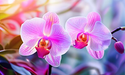 Orchid blossoms burst with vibrant magenta, purple colors against dark backdrop. Petal details captivate, making it ideal for decor, nature-themed art, floral enthusiasts.