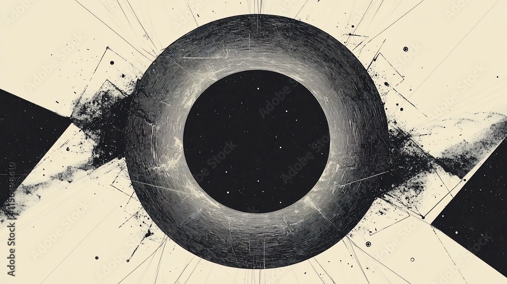Poster abstract cosmic artwork featuring a dark central circle surrounded by a textured ring and geometric 