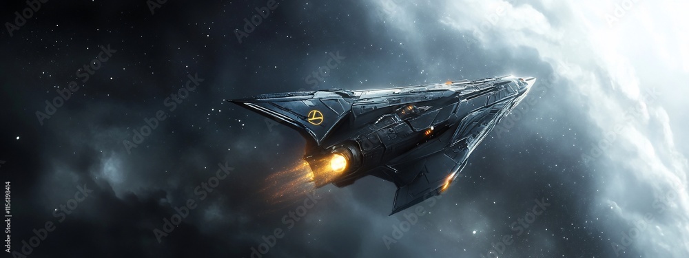 Poster futuristic spaceship soaring through nebula, leaving fiery trail.