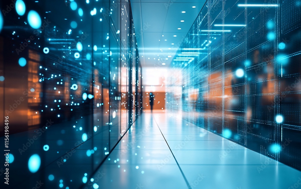 Poster Person walking down a futuristic server room corridor with data streams visualized on the walls.