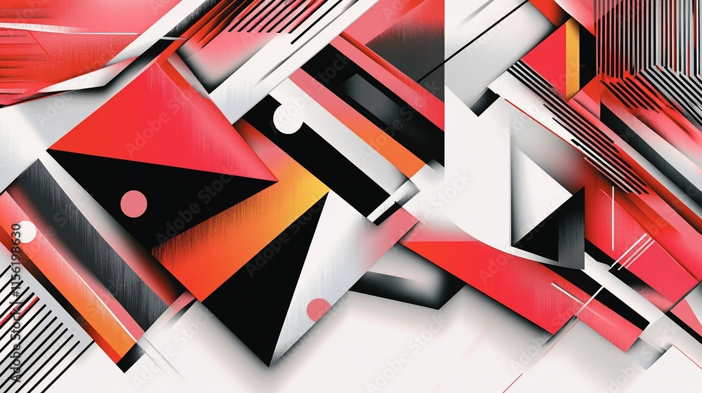 Aufkleber abstract geometric shapes in red, black, white, and orange, creating a dynamic composition.
