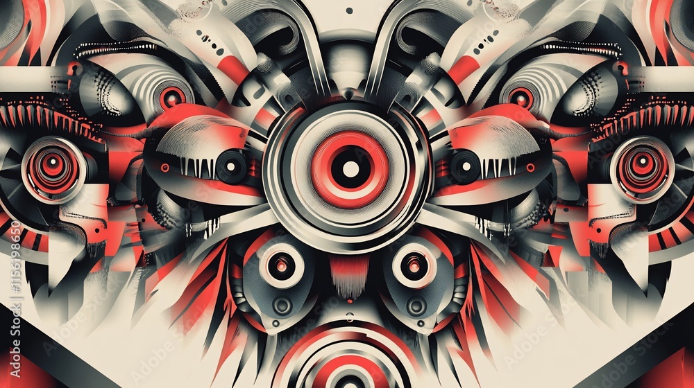 Poster Abstract symmetrical design featuring intricate metallic red and grey mechanical components, resembling a futuristic robotic eye.
