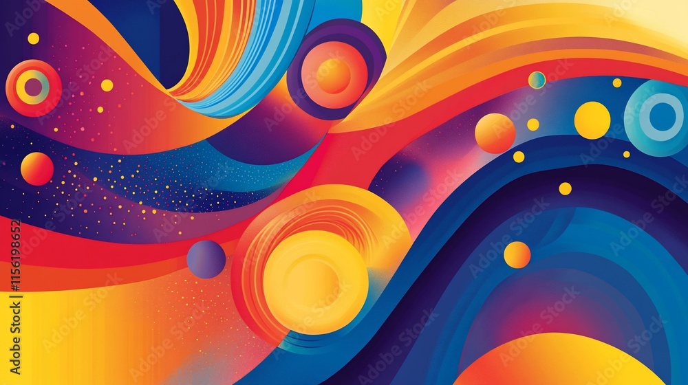 Poster abstract vibrant color swirls, dynamic shapes, and glowing orbs design.