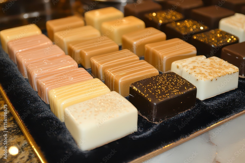 Poster a variety of elegant chocolates displayed on a tray, showcasing different colors and textures.