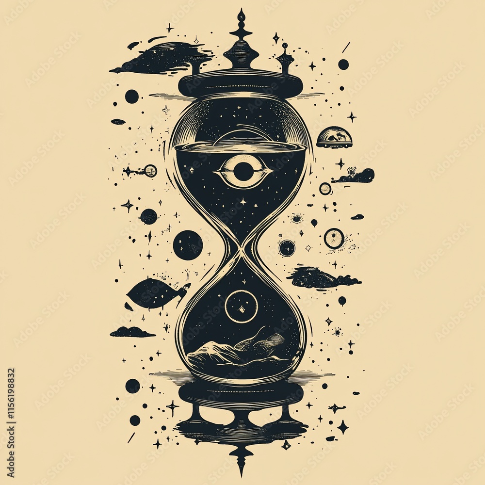 Wall mural cosmic hourglass artwork with celestial elements, planets, and an eye, symbolizing time and the univ