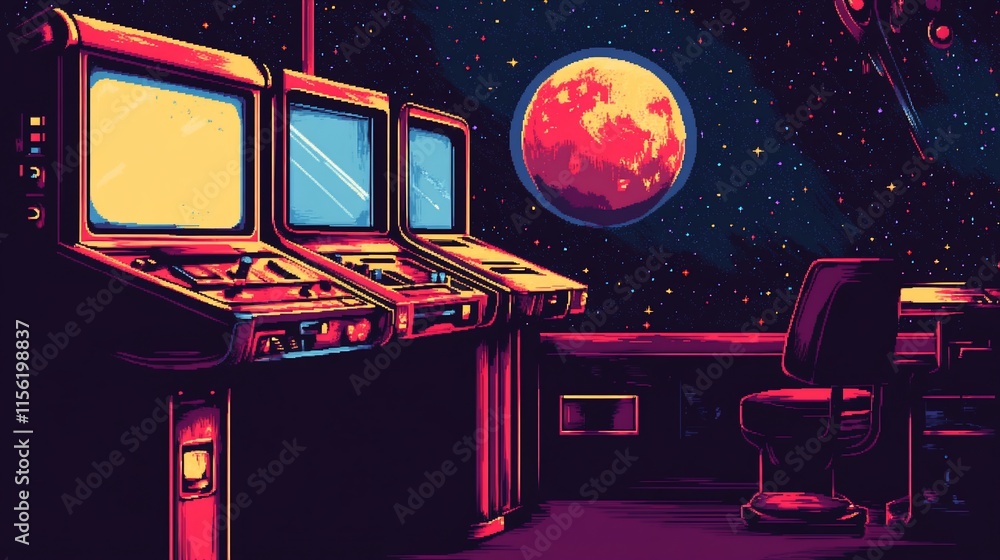 Poster Retro futuristic space station control room with a large red planet visible through the window.