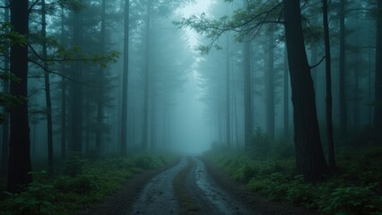 Fototapeta premium Mystical Forest Road: Foggy Path Through Enchanted Woods