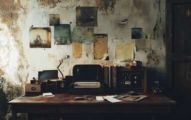 Vintage desk with old photos, radio, typewriter, and other antique items in a grunge room. (1)