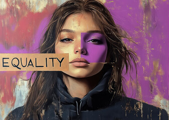 Modern illustration of a young Caucasian woman with the word EQUALITY integrated into her design. Concept for International Women's Day