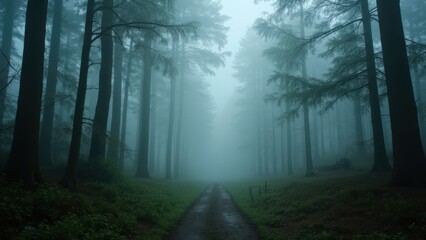 Obraz premium Enchanted Forest Pathway: Misty, Moody, and Mysterious