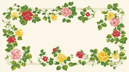 Rectangular floral frame with pink, red, and yellow roses and green leaves on a beige background.