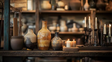 Rustic pottery, candles, and vintage decor on wooden shelf.