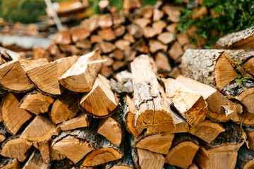 Stacked firewood ready for winter burning in the woodpile