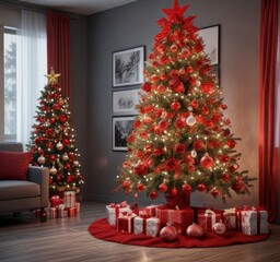 A decorated red Christmas tree with ornaments and garlands in a modern room,  garlands,  christmas decorations