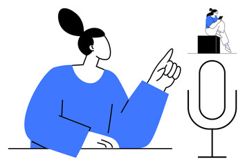 Woman speaking confidently with raised finger at microphone, smaller woman seated on a block with tablet. Ideal for podcasts, broadcasting, communication, interviews, public speaking, digital media