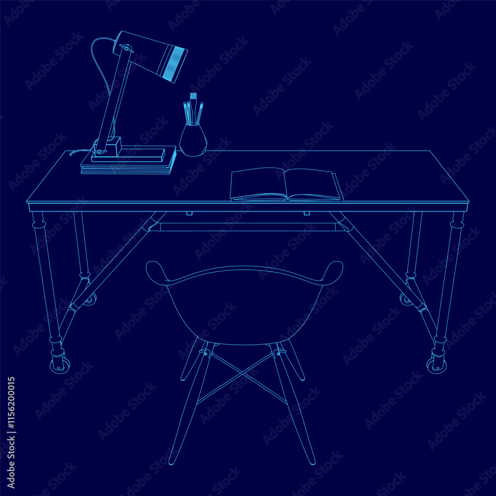 Poster blue drawing of a desk with a chair and a lamp. the desk is empty except for a book and a vase. scen