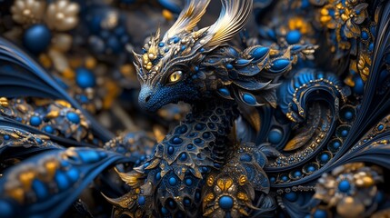 Fototapeta premium abstract fractal art blue and gold swirling phoenix pattern with glowing particles digital artwork fantasy spiral design dark background modern wallpaper