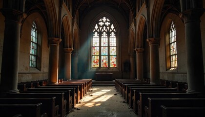 Obraz premium Serene stained glass window illuminates wooden pews in a peaceful, quiet church interior with natural light and stone accents.
