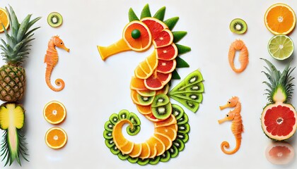 seahorse, aquatic , animal  shape made by slice of fruits, colorful pattern illustration,