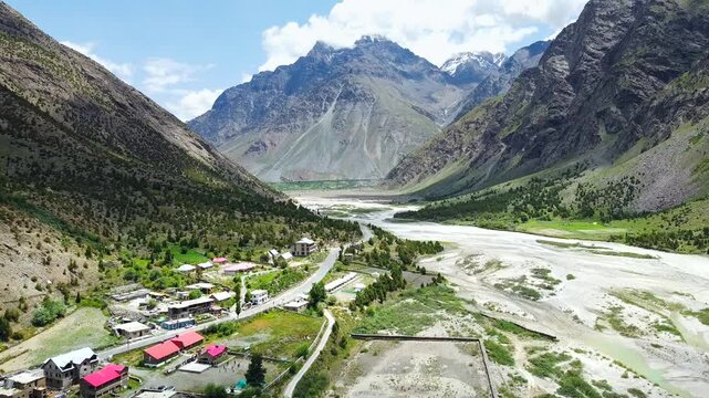 An aerial view of beautiful himalayan mountains and chenab river at tandi piukar leh manali highway lahaul himachal pradesh, India.